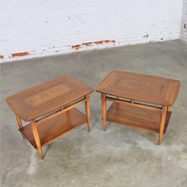 Lane Walnut End or Side Tables with Inlaid Tops Mid Century Modern Pair #1925