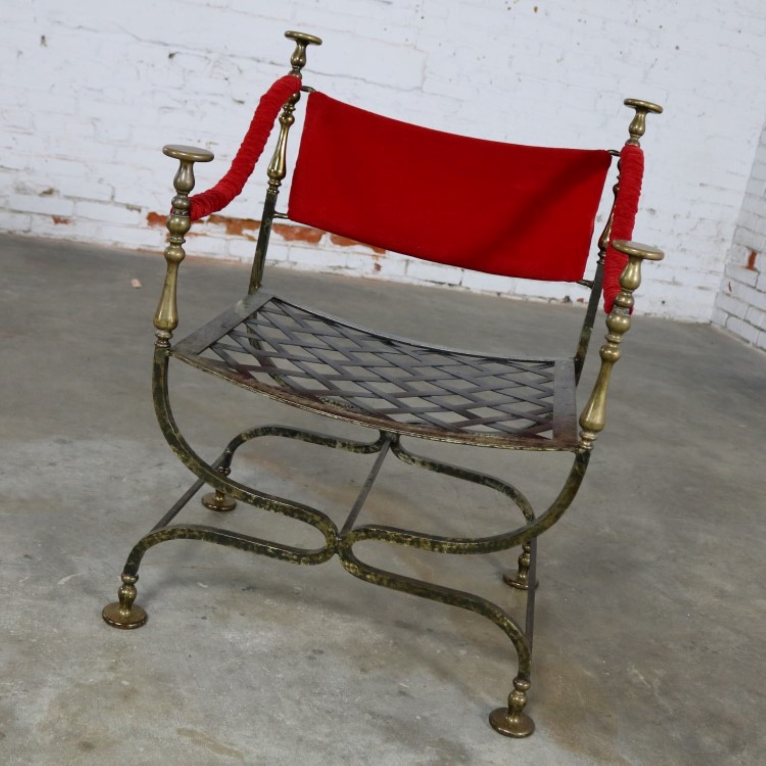 Wrought Iron and Brass Curule Savonarola Chair Mid 20th Century