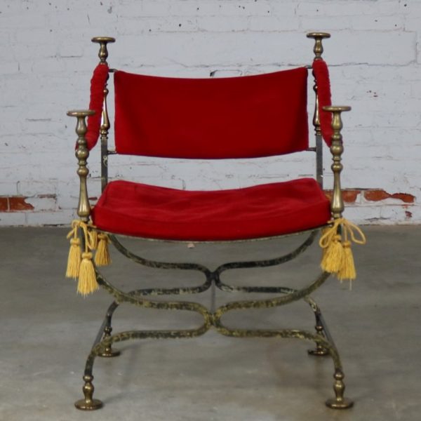 Wrought Iron and Brass Curule Savonarola Chair Mid 20th Century