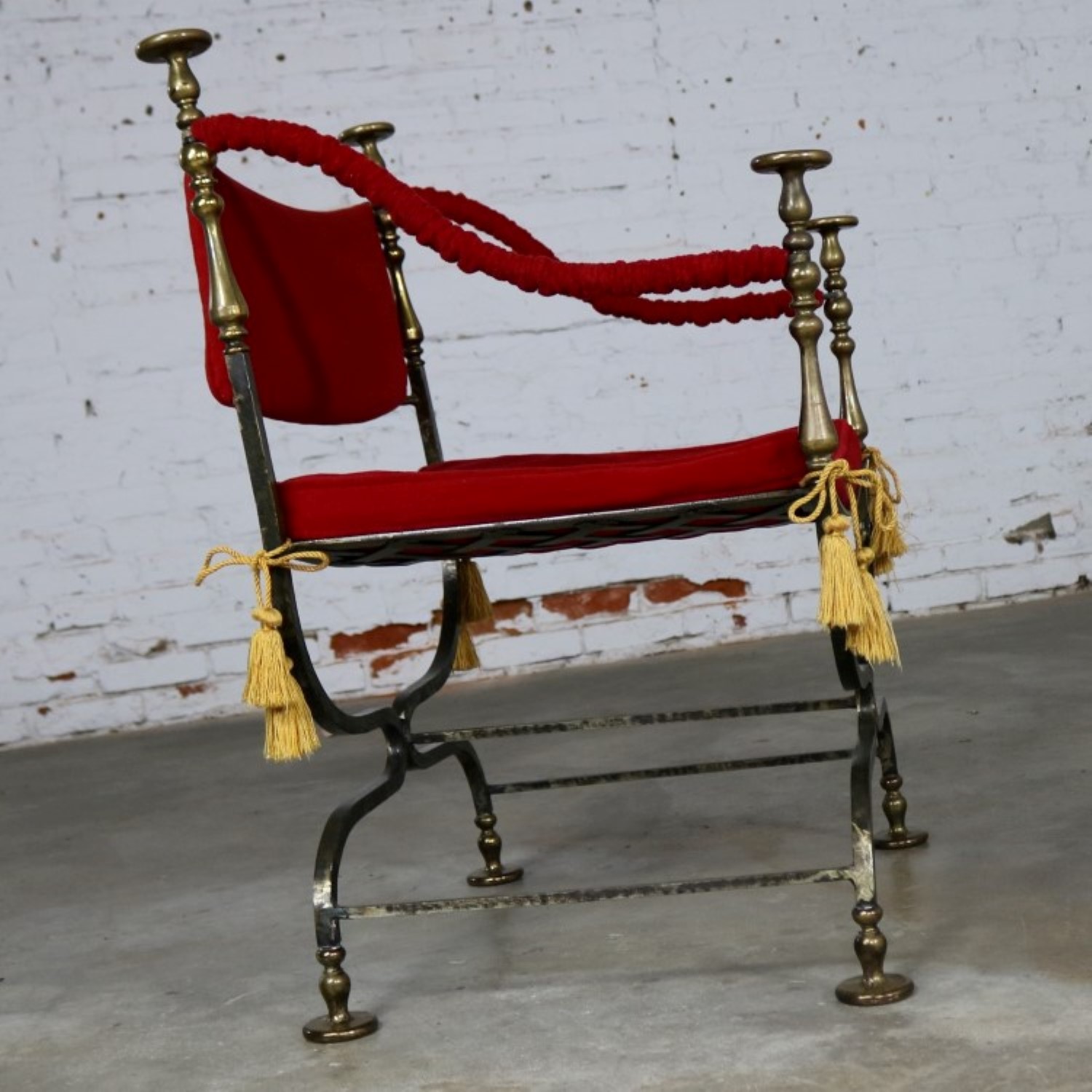 Wrought Iron and Brass Curule Savonarola Chair Mid 20th Century