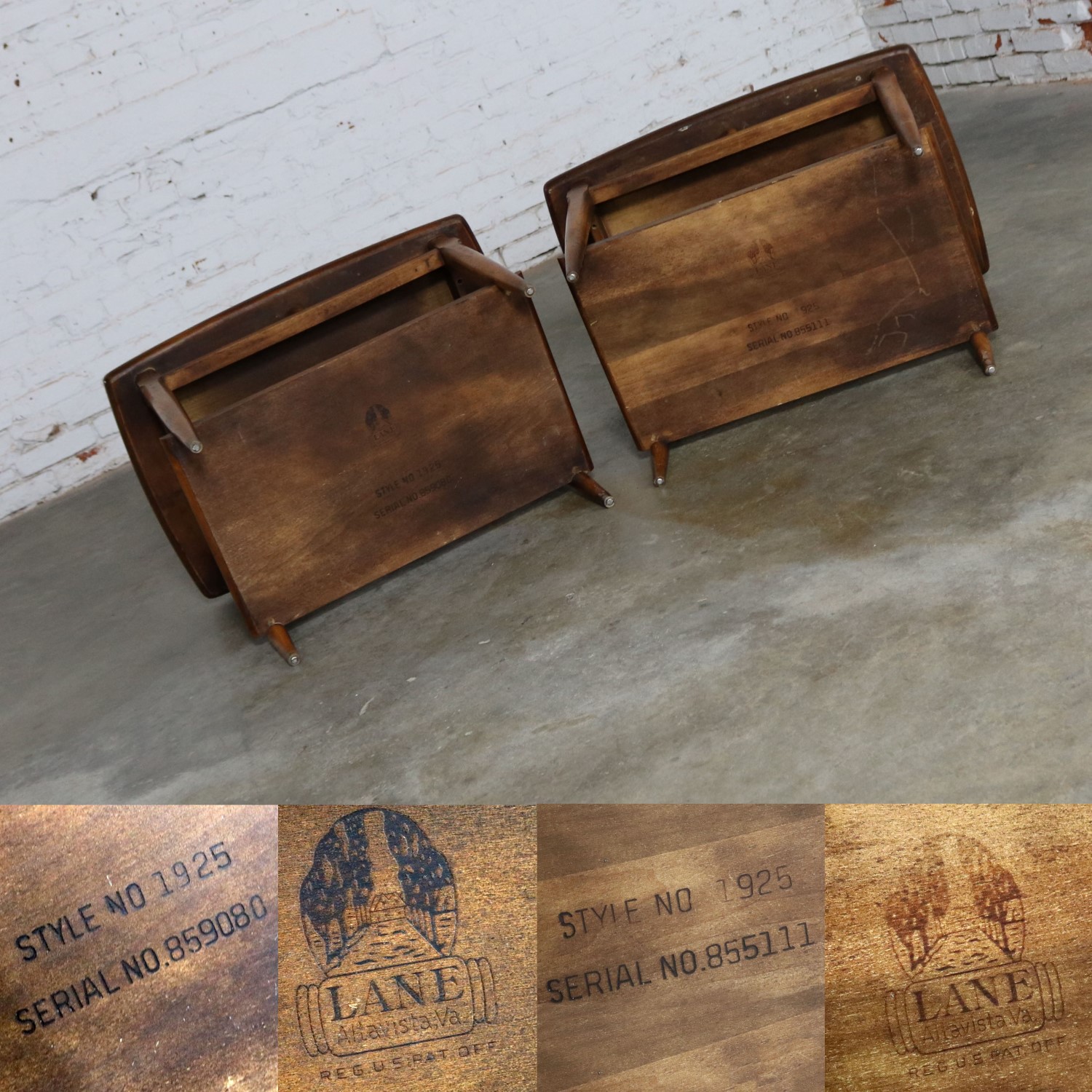 Lane Walnut End or Side Tables with Inlaid Tops Mid Century Modern Pair #1925