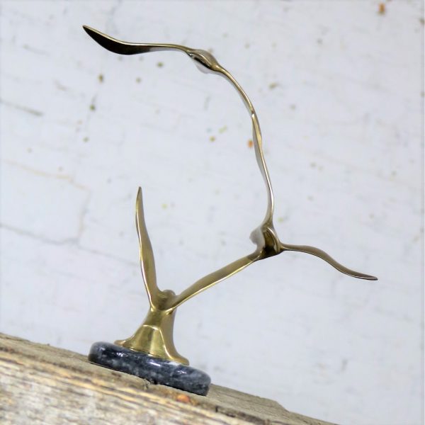 Mid Century Modern Brass and Marble Birds in Flight Sculpture Attributed to C. Jere