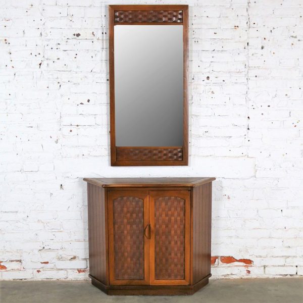 MCM Entry Console Cabinet and Mirror Basket Weave Style of Lane Perception by Warren C. Church