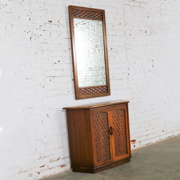 MCM Entry Console Cabinet and Mirror Basket Weave Style of Lane Perception by Warren C. Church