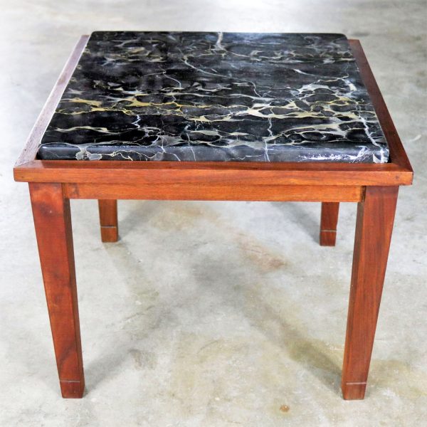 Mid Century Modern Walnut and Black Marble Square End or Side Table