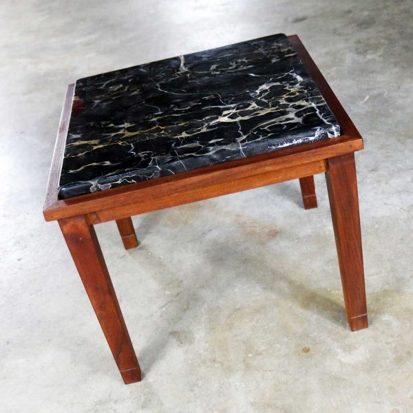 Vintage Mid Century Modern Walnut and Black Marble Square End or Side Table