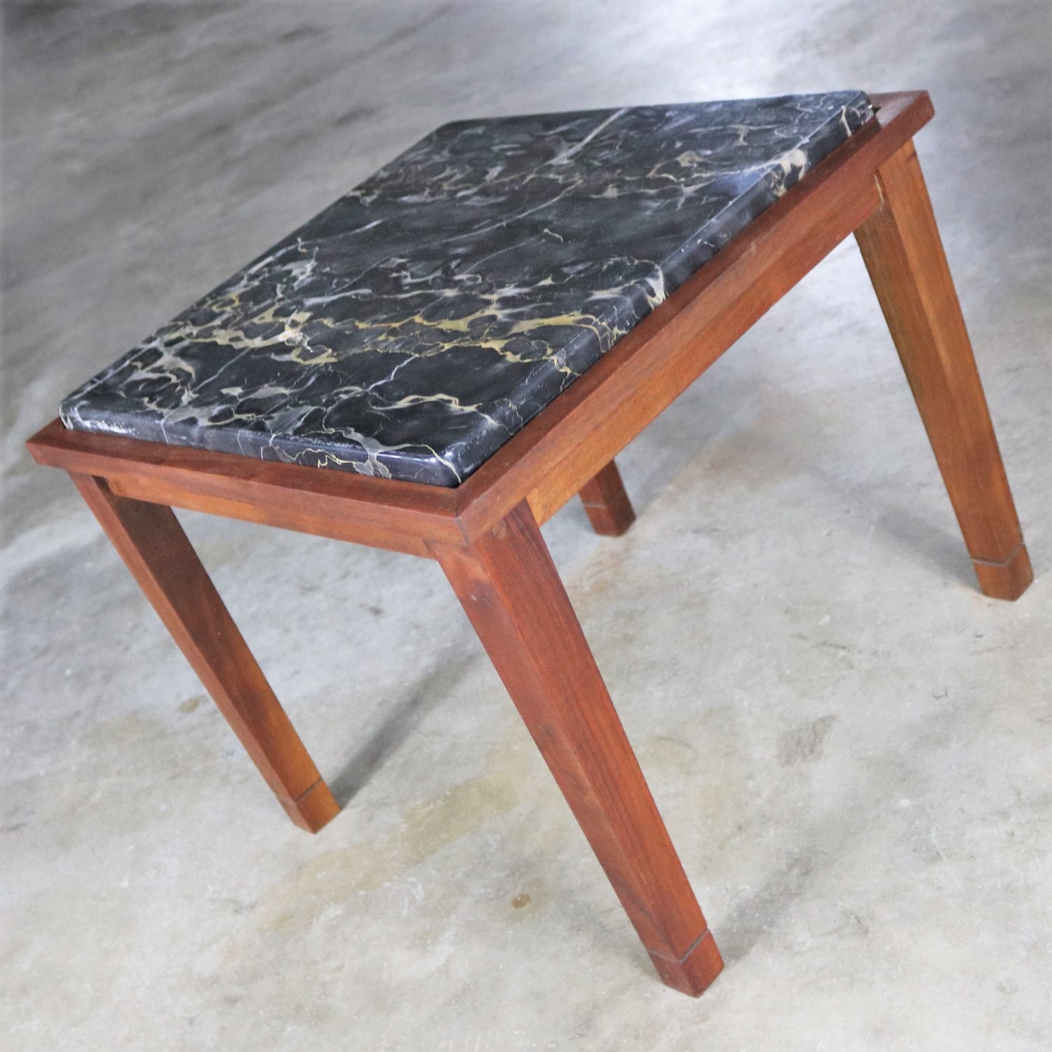 Mid Century Modern Walnut and Black Marble Square End or Side Table