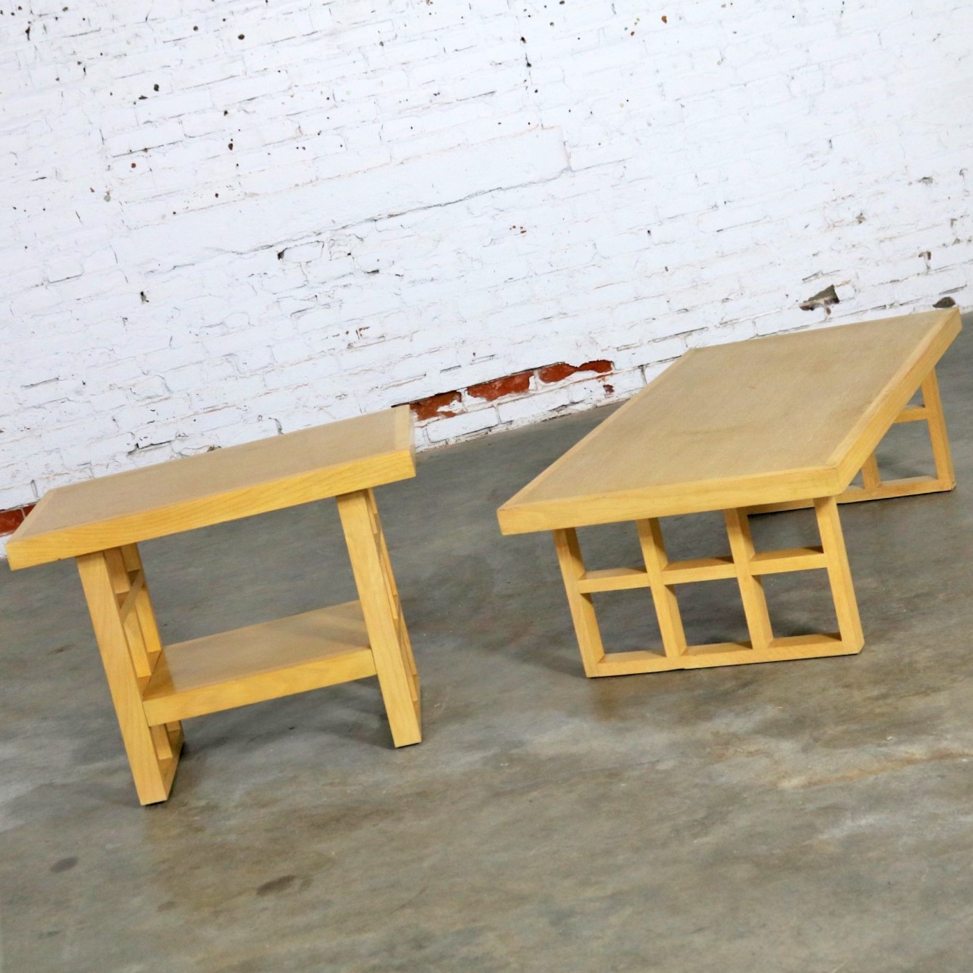 Mid Century Modern Blonde Oak Window Pane End Table and Coffee Table Pair
