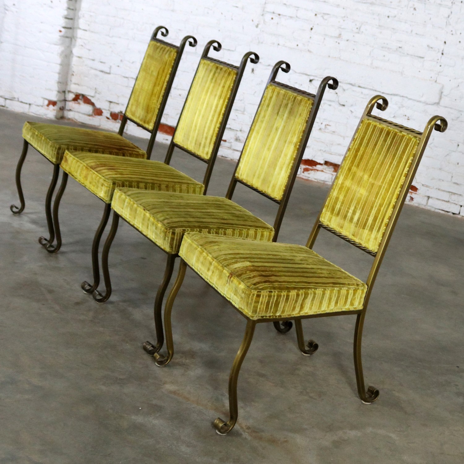 Four Hollywood Regency Wrought Iron Dining Chairs by Swirl Craft of Sun Valley