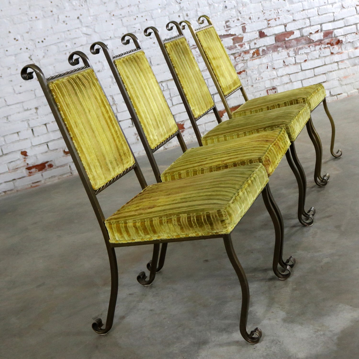 Four Hollywood Regency Wrought Iron Dining Chairs by Swirl Craft of Sun Valley