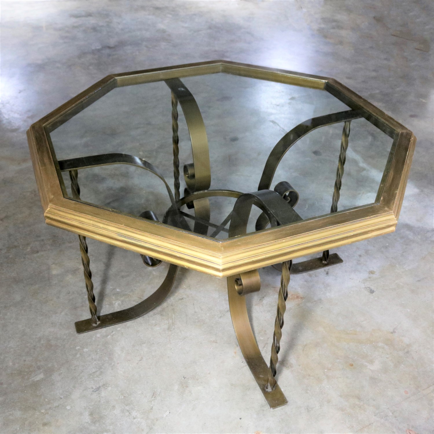 Hollywood Regency Wrought Iron Dining Table with Octagon Gilded Wood Rimmed Glass Top