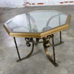 Hollywood Regency Wrought Iron Dining Table with Octagon Gilded Wood Rimmed Glass Top