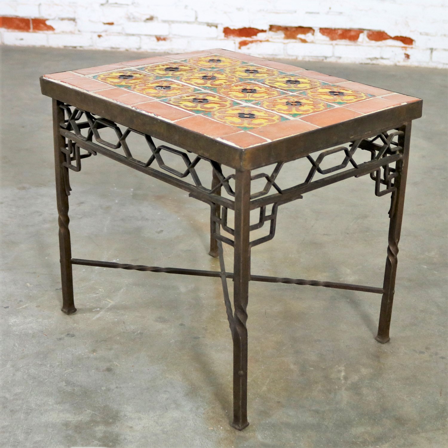 Art Deco Wrought Iron and Tile Side Table California Style Tiles