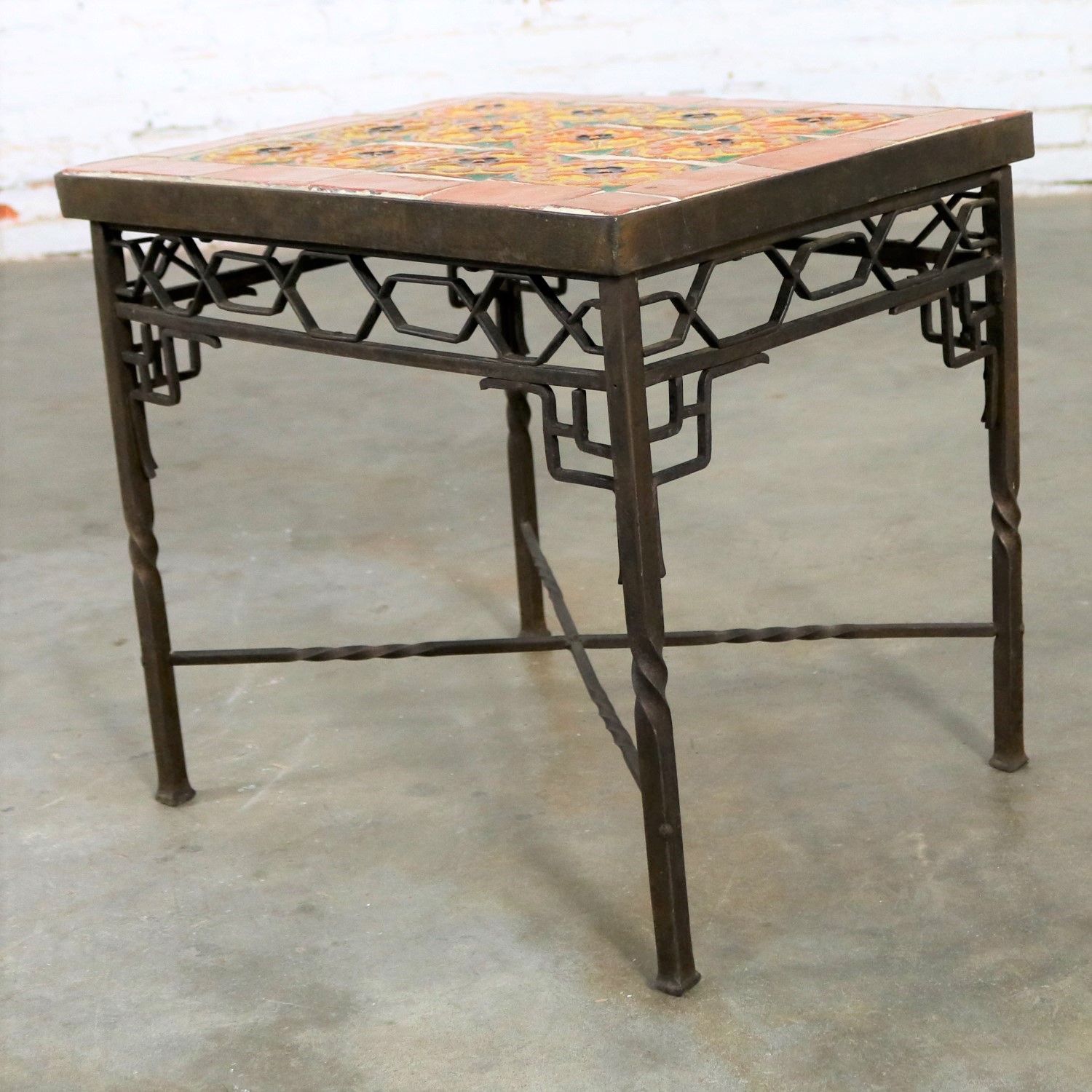 Art Deco Wrought Iron and Tile Side Table California Style Tiles