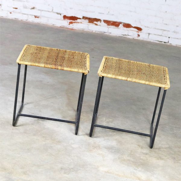 Calif-Asia Style Wrought Iron and Rattan Side Tables Mid Century Modern, a Pair