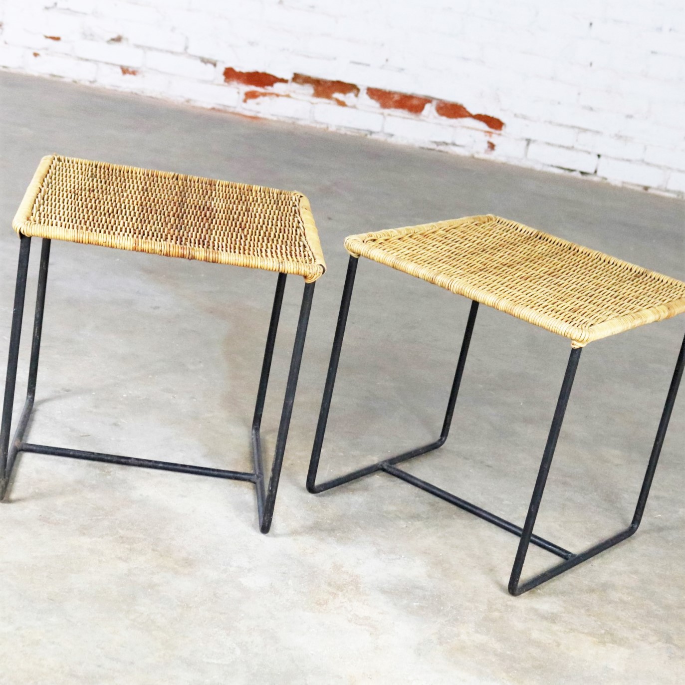 Calif-Asia Style Wrought Iron and Rattan Side Tables Mid Century Modern, a Pair