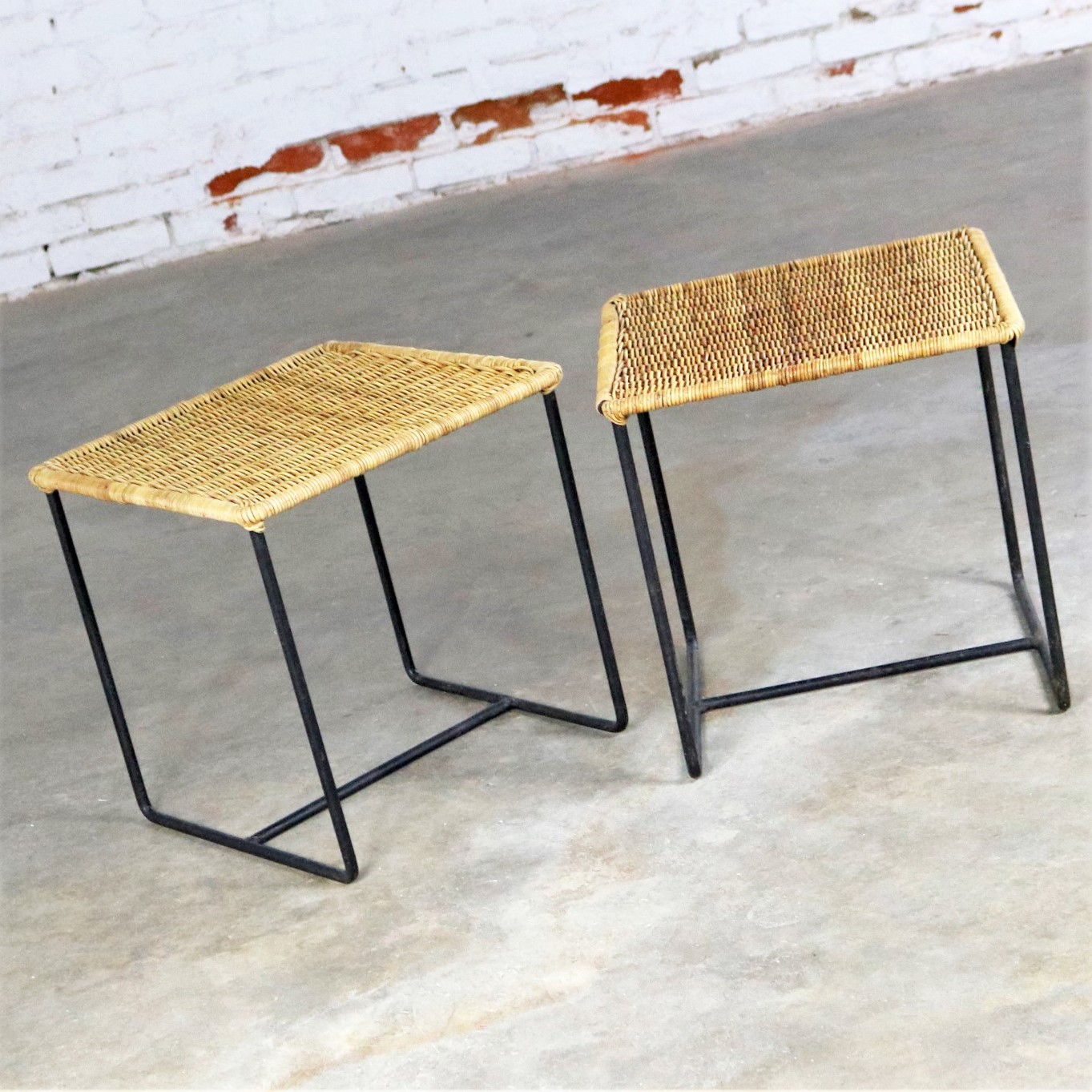 Calif-Asia Style Wrought Iron and Rattan Side Tables Mid Century Modern, a Pair
