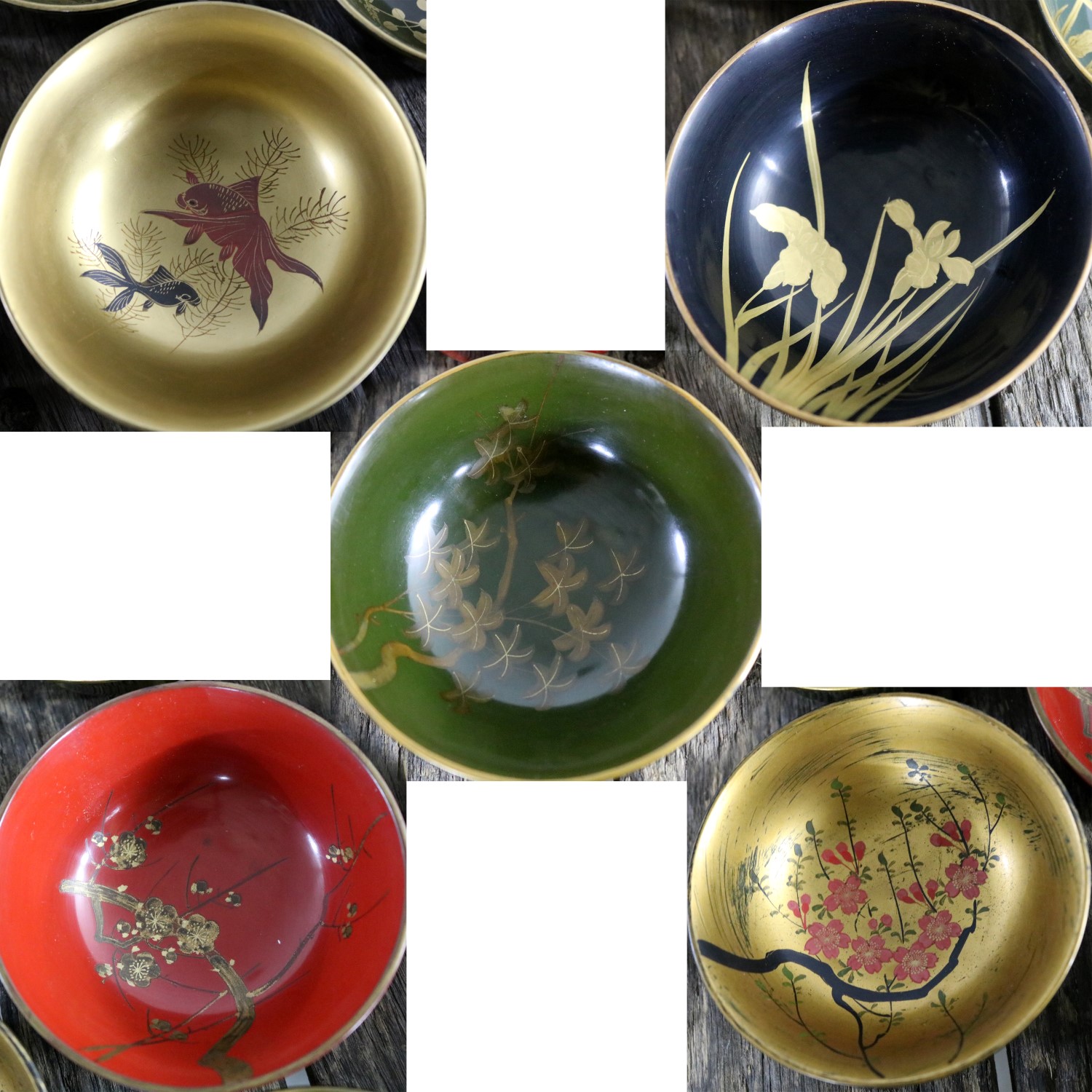 Antique Japanese Maki-e Lacquered Rice or Soup Bowls Set of Ten