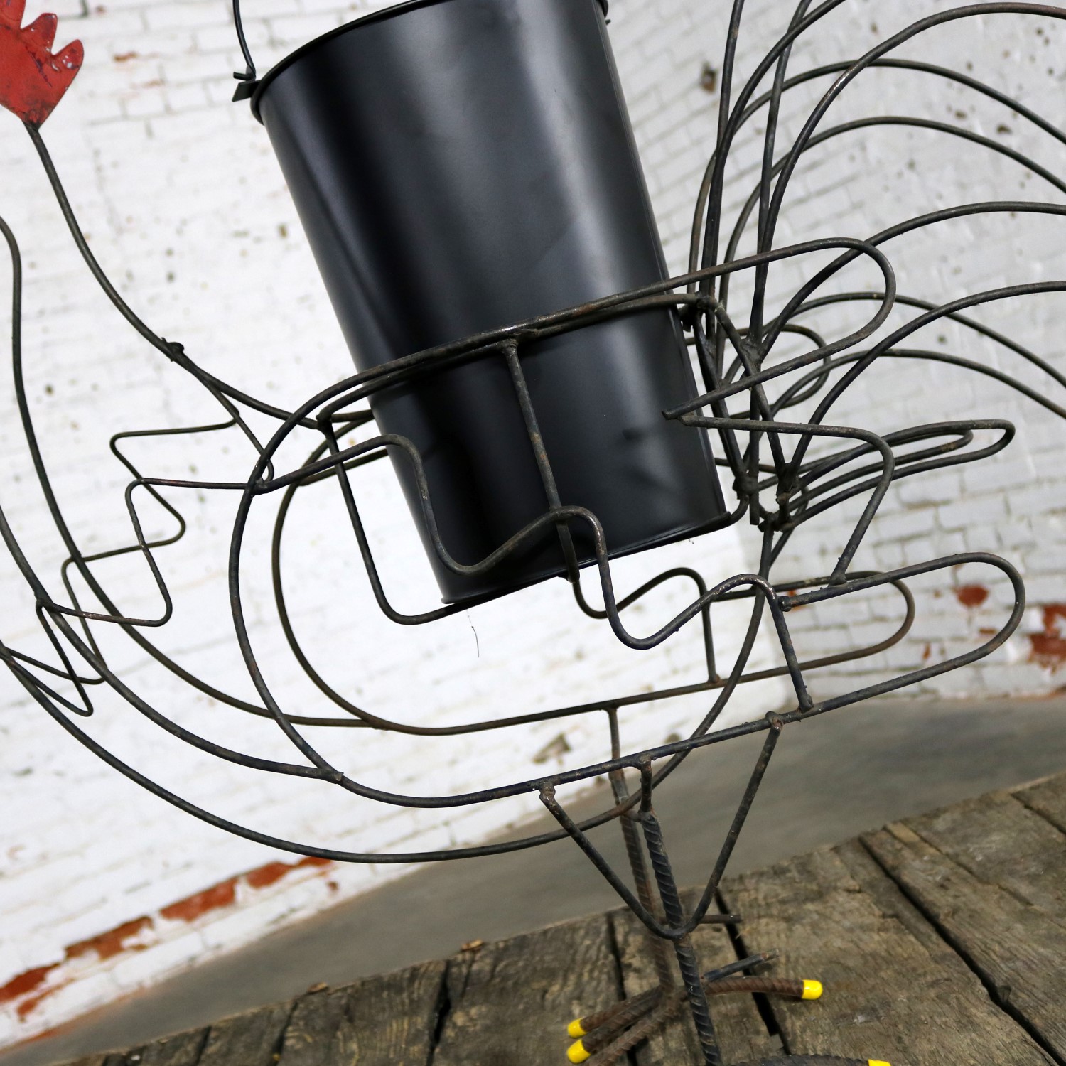 Wire Rooster Folk Art Planter with Red Comb Yellow Toes and Black Bucket