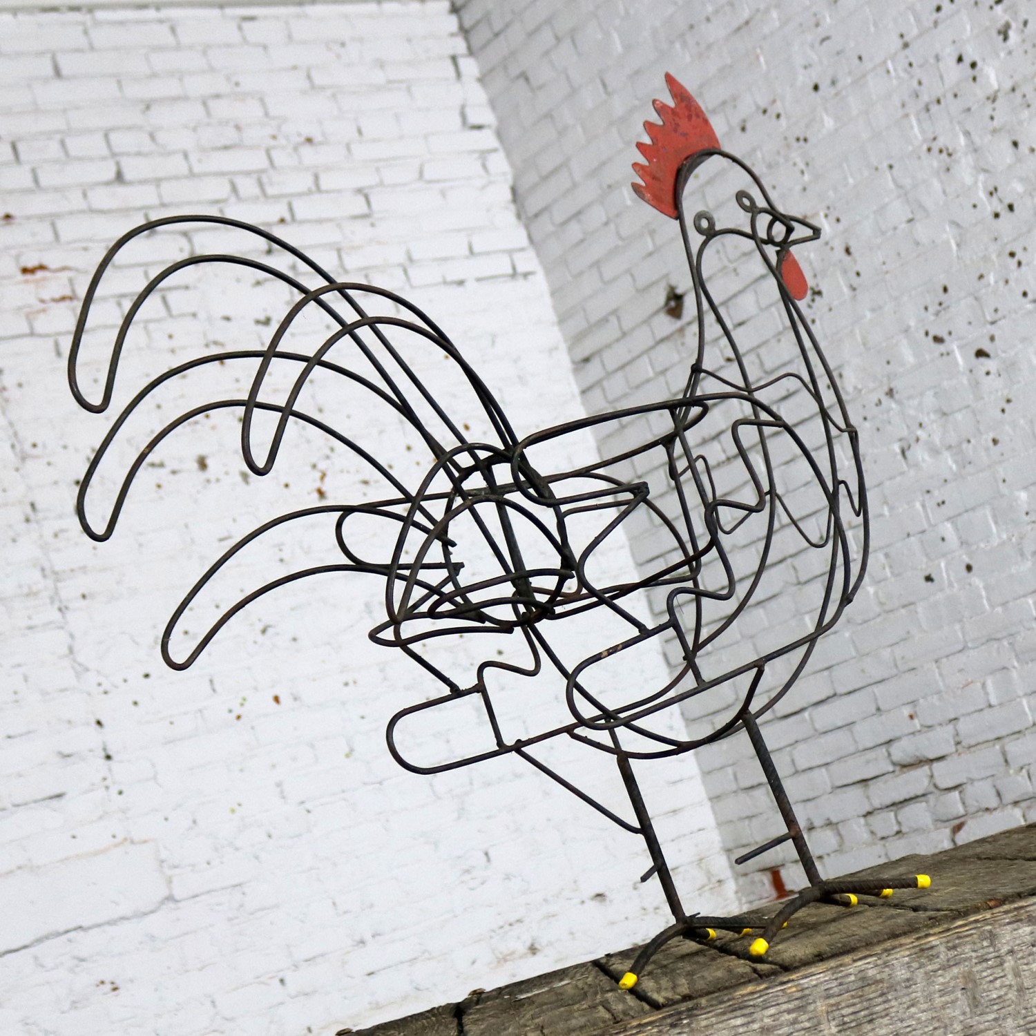Wire Rooster Folk Art Planter with Red Comb Yellow Toes and Black Bucket