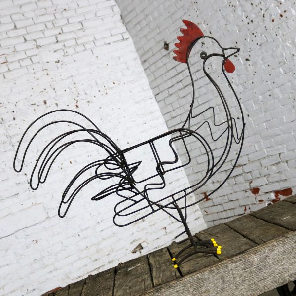 Wire Rooster Folk Art Planter with Red Comb Yellow Toes and Black Bucket