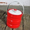 Mid Century Modern Ice Bucket Red Faux Patent Leather and White Plastic with Daisy Knob