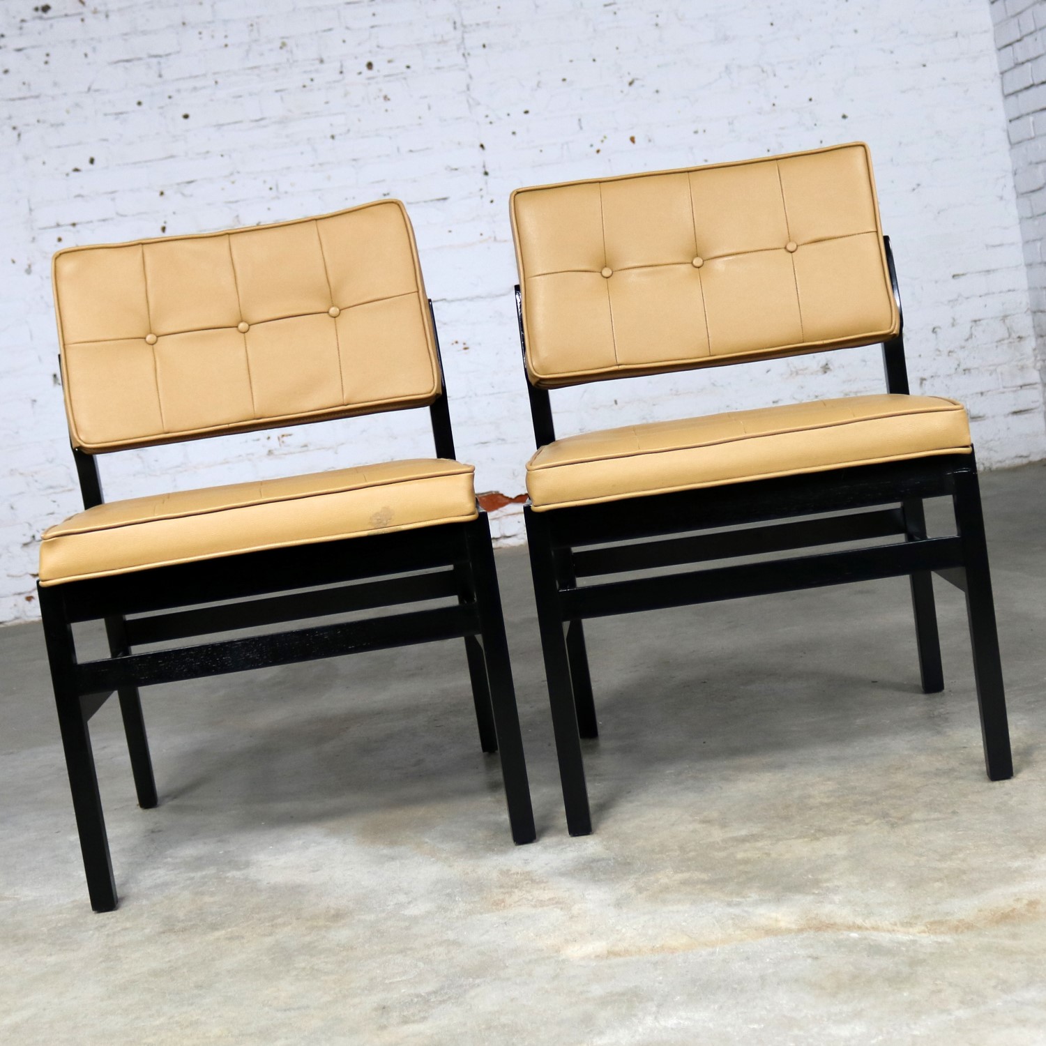 Pair Hibriten Ebonized Wood and Faux Leather Mid Century Modern Chairs