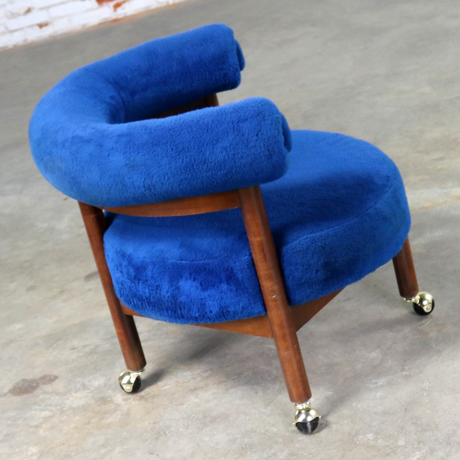 Royal Blue Round Corner Chair with Bolster Back on Casters Mid Century Modern