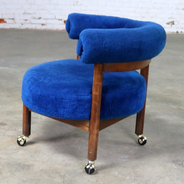 Royal Blue Round Corner Chair with Bolster Back on Casters Mid Century Modern