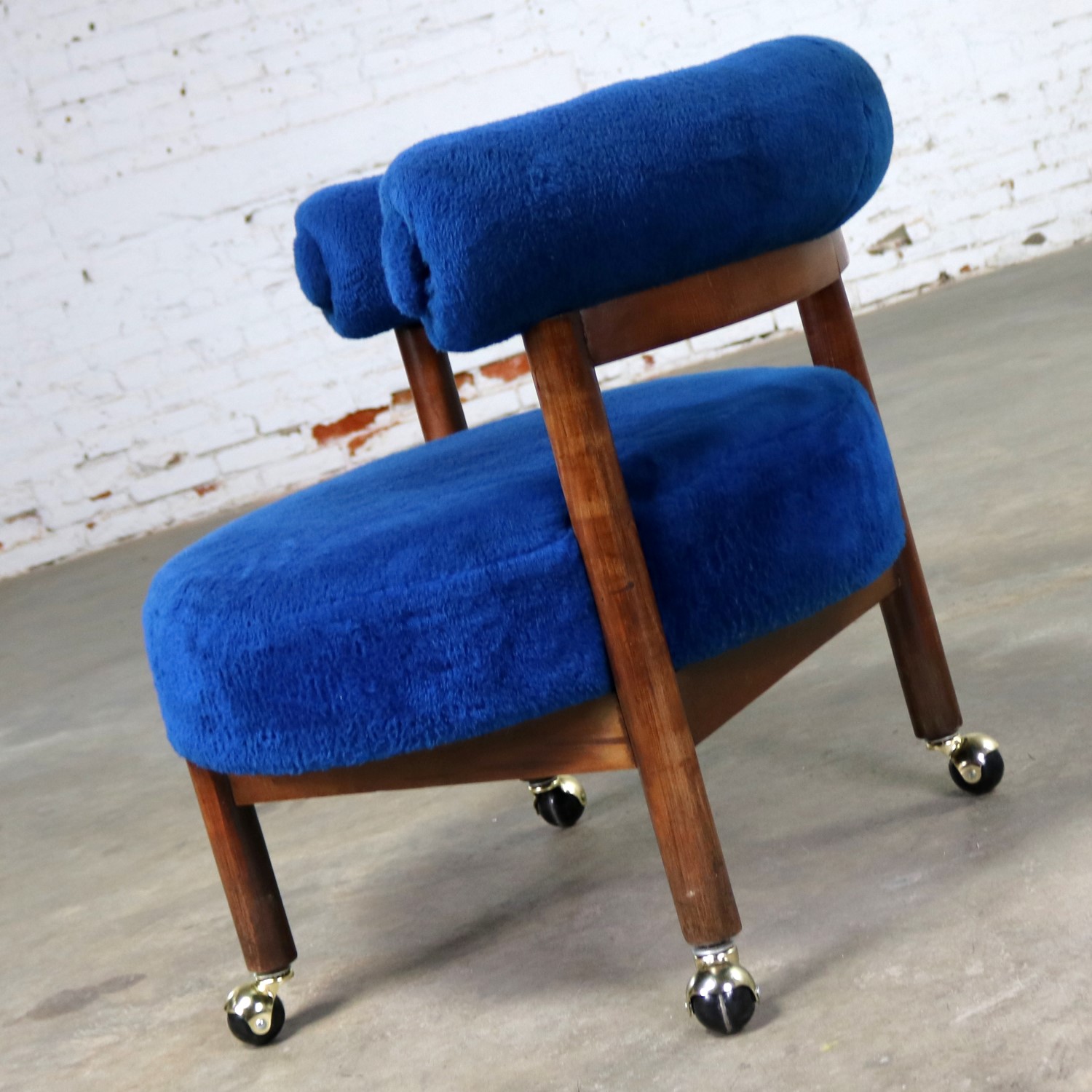 Royal Blue Round Corner Chair with Bolster Back on Casters Mid Century Modern