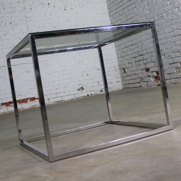 Chrome Cube End Table with Glass Top Manner of Milo Baughman