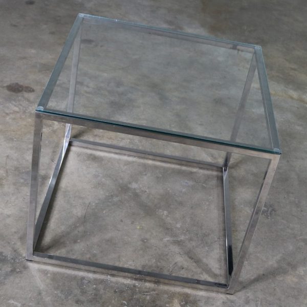 Chrome Cube End Table with Glass Top Manner of Milo Baughman