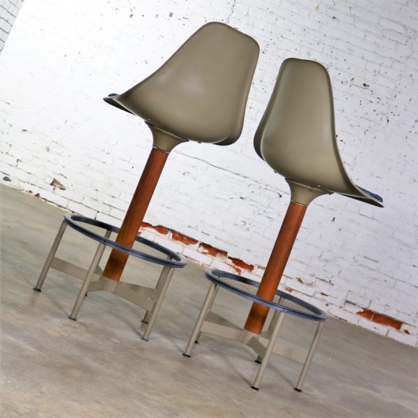 Pair of Burke Swivel Bar Stools Mid Century Modern Fiberglass Shell and Upholstered Seat Pads