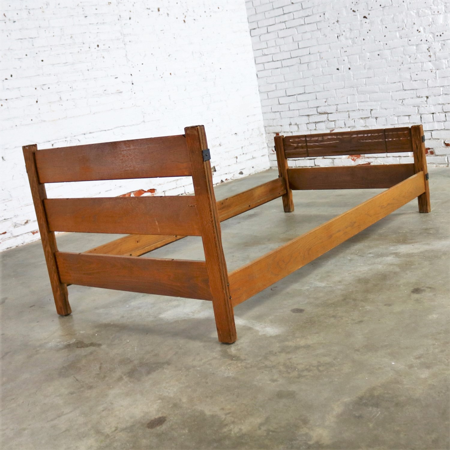 Four Ranch Oak Western Cowboy Twin Beds with Strap Details Attributed to A. Brandt Company