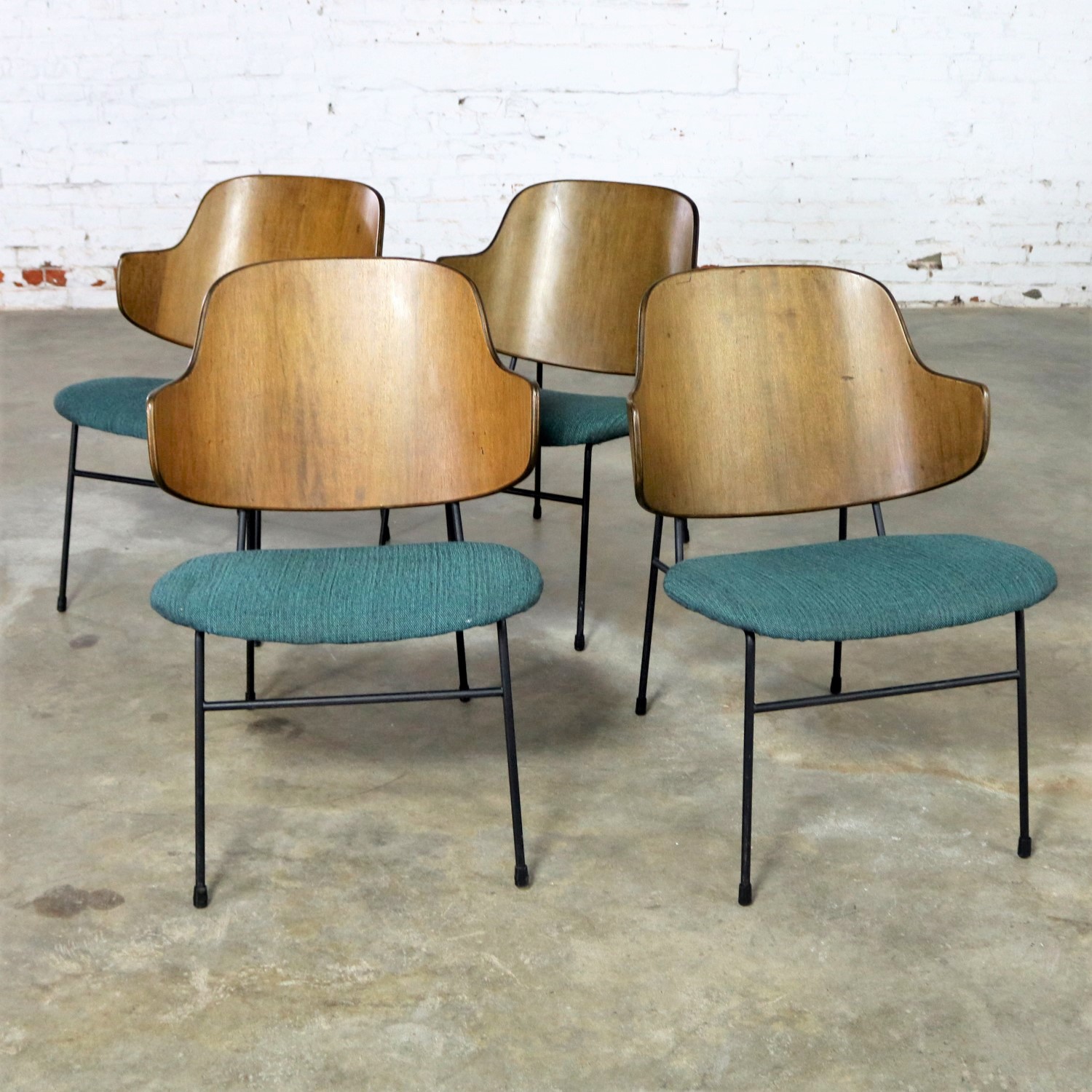 Set of Four Ib Kofod-Larsen Penguin Chairs with Walnut Molded Backs and Turquoise Seats