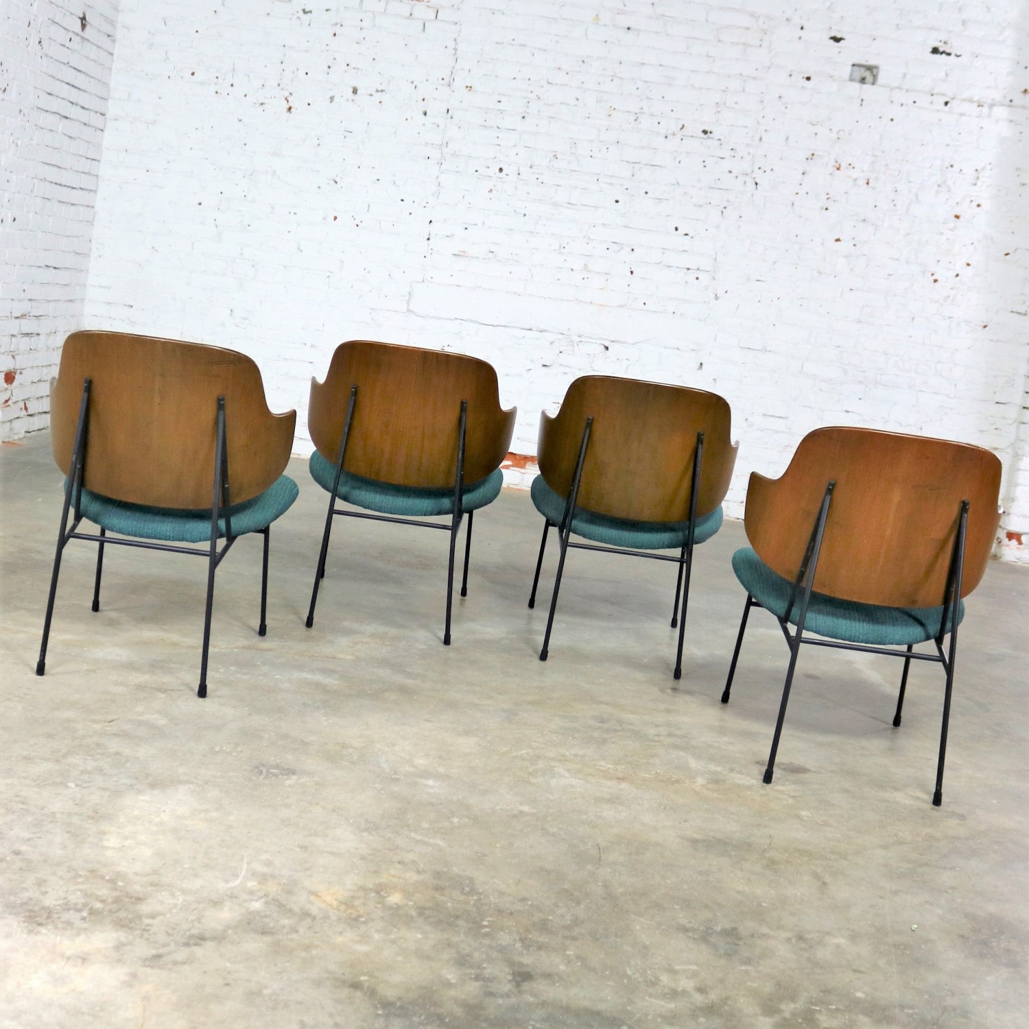 Set of Four Ib Kofod-Larsen Penguin Chairs with Walnut Molded Backs and Turquoise Seats