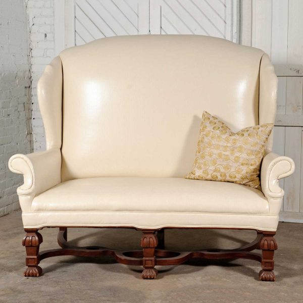 Antique William and Mary Wingback Settee White Faux Leather Solid Wood Ornate Base & Feet