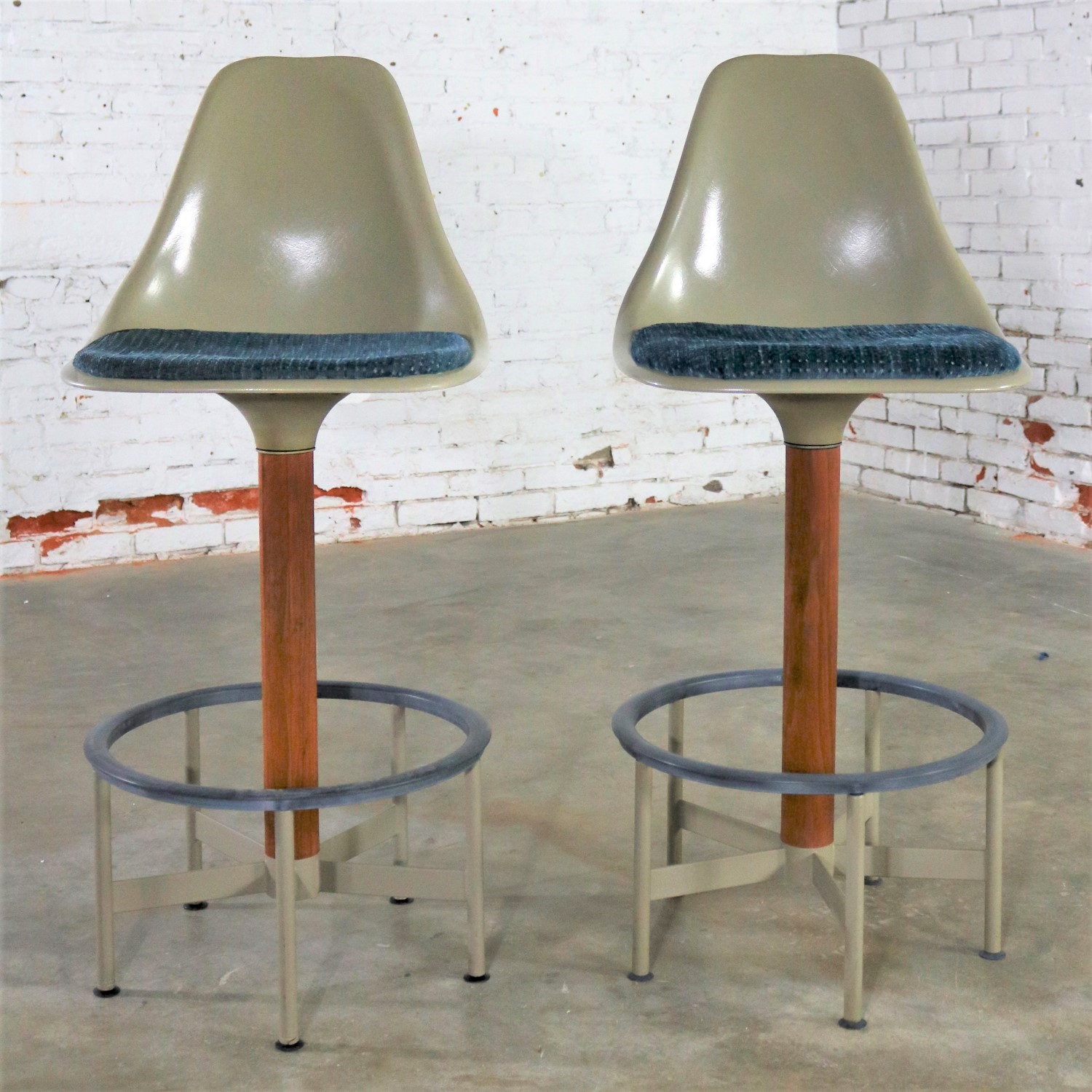 Pair of Burke Swivel Bar Stools Mid Century Modern Fiberglass Shell and Upholstered Seat Pads