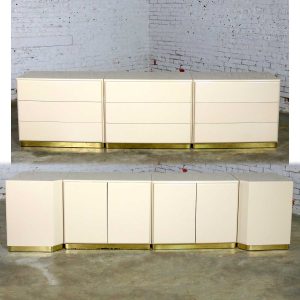 Milo Baughman for Thayer Coggin Ivory Lacquered Set of 7, 5 Cabinets & 2 Corner Units on Brass Bases