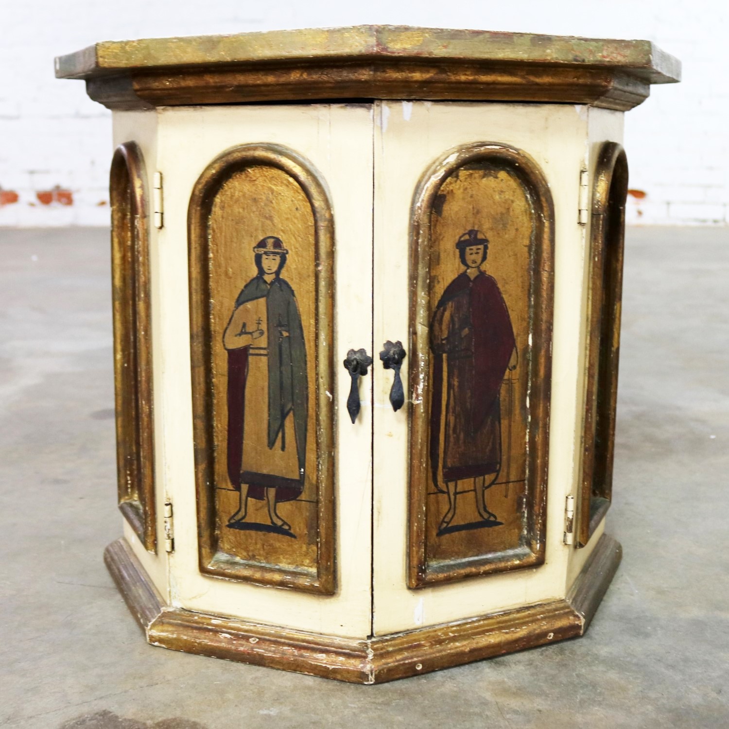Vintage Hand Painted Octagon Drum Side Table Cabinet Attributed to Artes De Mexico