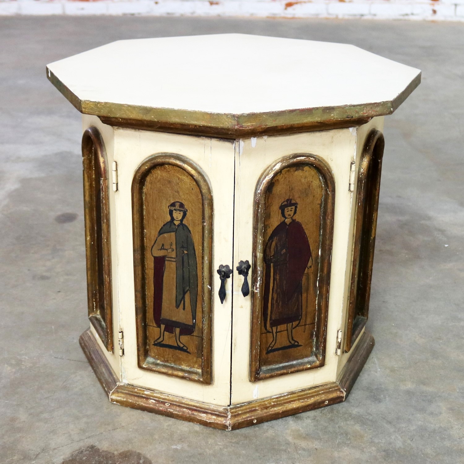 Vintage Hand Painted Octagon Drum Side Table Cabinet Attributed to Artes De Mexico