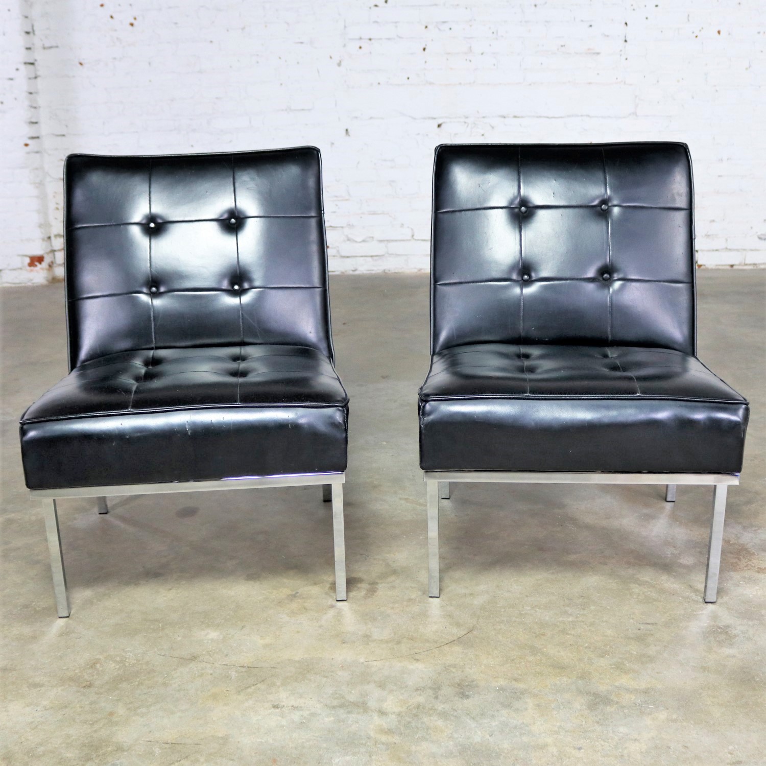 Paoli Chair Co. Black Naugahyde and Chrome MCM Slipper Chairs Style of Florence Knoll a Pair