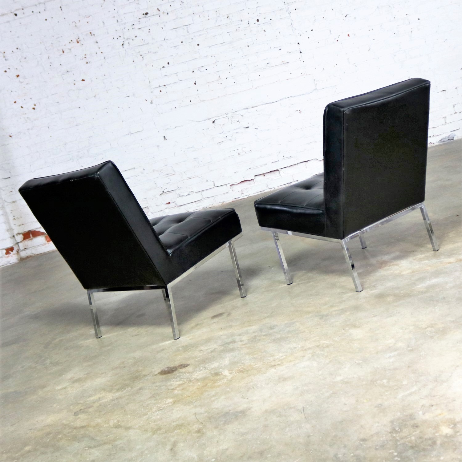 Paoli Chair Co. Black Naugahyde and Chrome MCM Slipper Chairs Style of Florence Knoll a Pair
