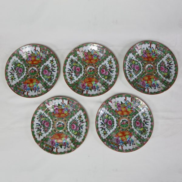 Antique Chinese Qing Rose Medallion Porcelain Nine Inch Plates Set of 5 Imperfect