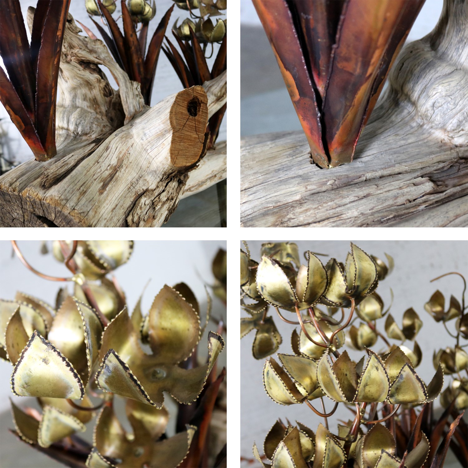 Torch cut Brutalist Floral Copper and Brass Sculpture on Driftwood