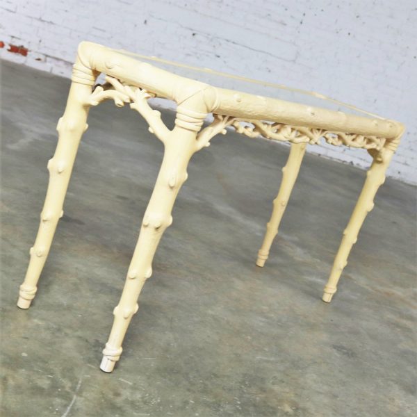 Carved Wood Faux Bois Sofa Console Table with Ivory Painted Finish and Glass Top Insert