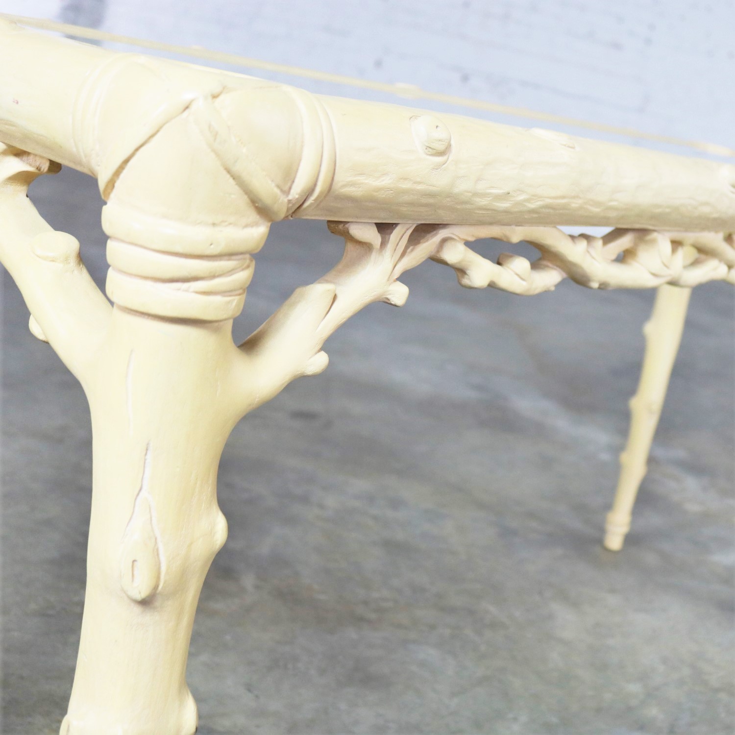 Carved Wood Faux Bois Sofa Console Table with Ivory Painted Finish and Glass Top Insert