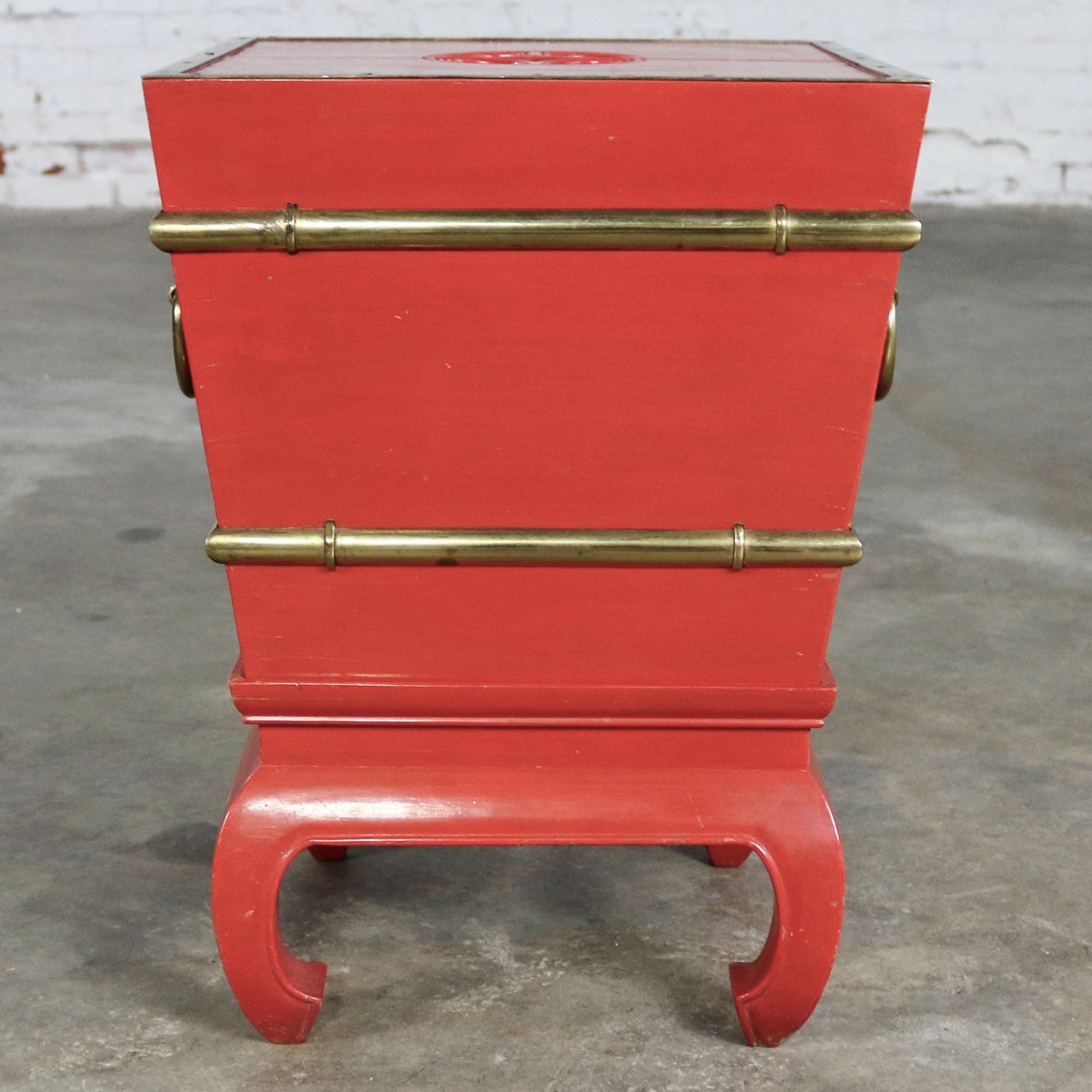 Chinese Red Lacquer and Brass Accent Table Removable Ice Chest Style on Hoof Foot Base