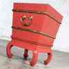 Chinese Red Lacquer and Brass Accent Table Removable Ice Chest Style on Hoof Foot Base