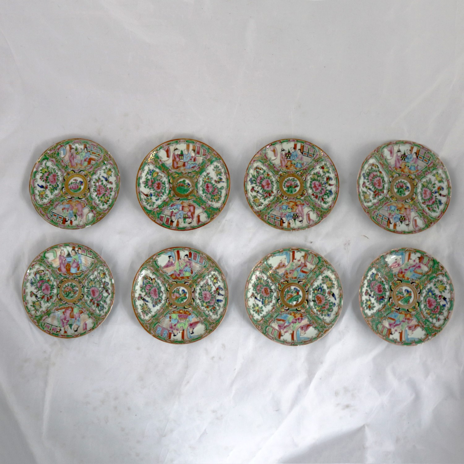Antique Chinese Qing Rose Medallion Porcelain 6-Inch Cupped Plates Set of 8